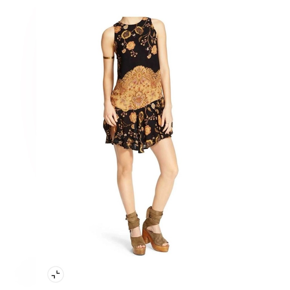 Free People Black Floral tunic Boho Indie Sleaze Whimsy Goth Dress Tunic Sz L